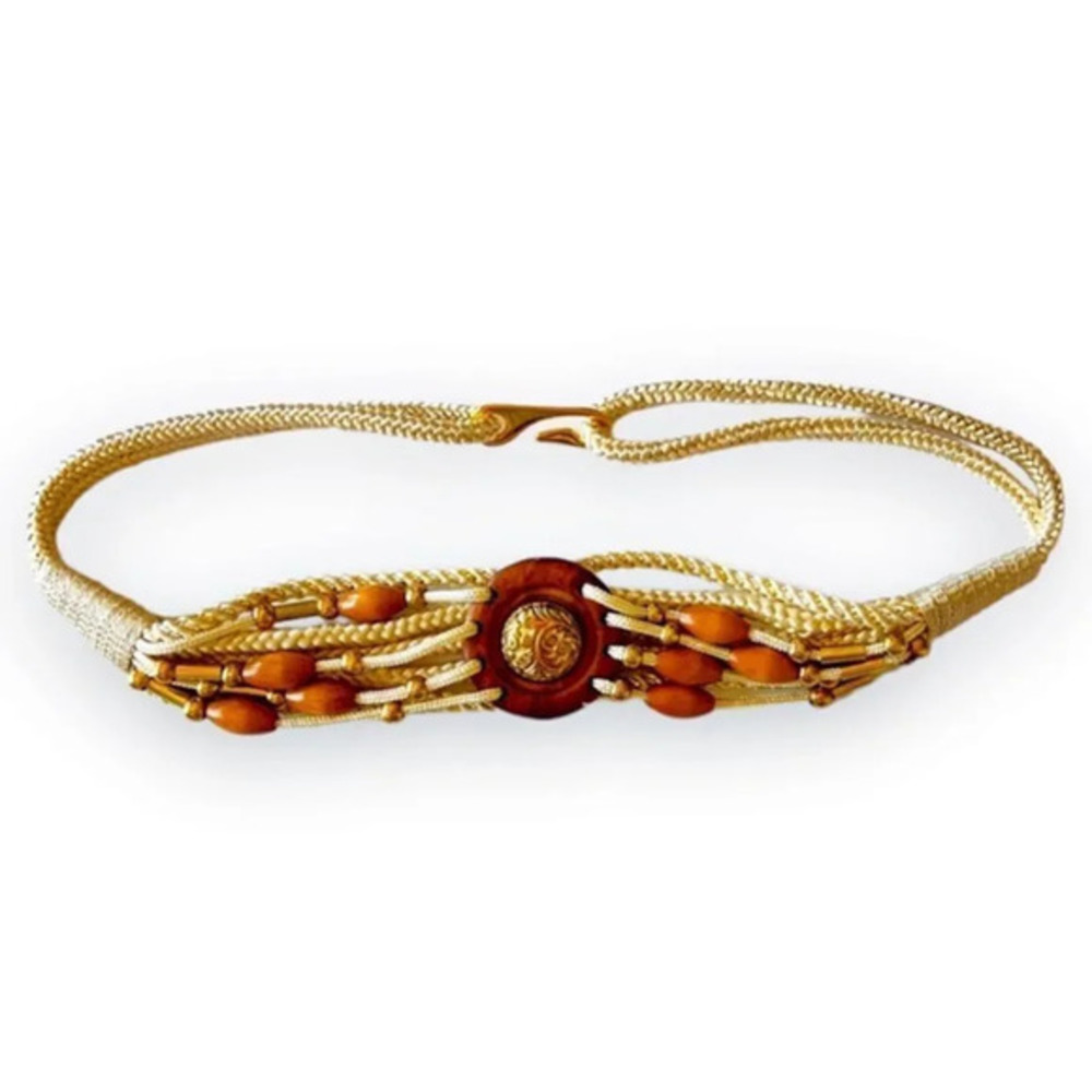 Motion‎ East Vintage Rope Belt Wood Bead Gold Beads 70s Style Boho Women’s Large